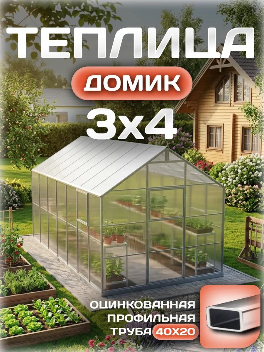 Теплица Домик 3х4 м, каркас 40х20, шаг дуг 0.65 м усиленная с поликарбонатом 4 мм 0,80 кг/м²